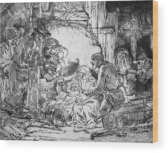 Adoration Of The Shepherds; Shepherd; Infant Jesus Christ; Baby; Child; Joseph; Virgin Mary; Madonna; Holy Family; Stable; Manger; Ox; Oxen; Straw Wood Print featuring the drawing Nativity, 1654 by Rembrandt by Rembrandt