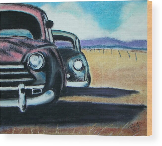 Cars Wood Print featuring the pastel New Mexico Junkyard by Michael Foltz