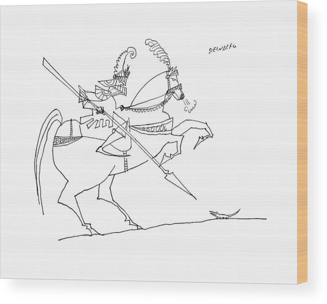 94239 Sst Saul Steinberg (fancy Armored Knight On Huge Steed Is Charging Against A Tiny Little Dragon Or Lizard.) Against Armor Armored Bully Charging Dragon Fancy Huge Knight Little Lizard Mediaeval Medieval Monster Overkill Overload Shining Steed Tiny Wood Print featuring the drawing New Yorker January 3rd, 1959 by Saul Steinberg