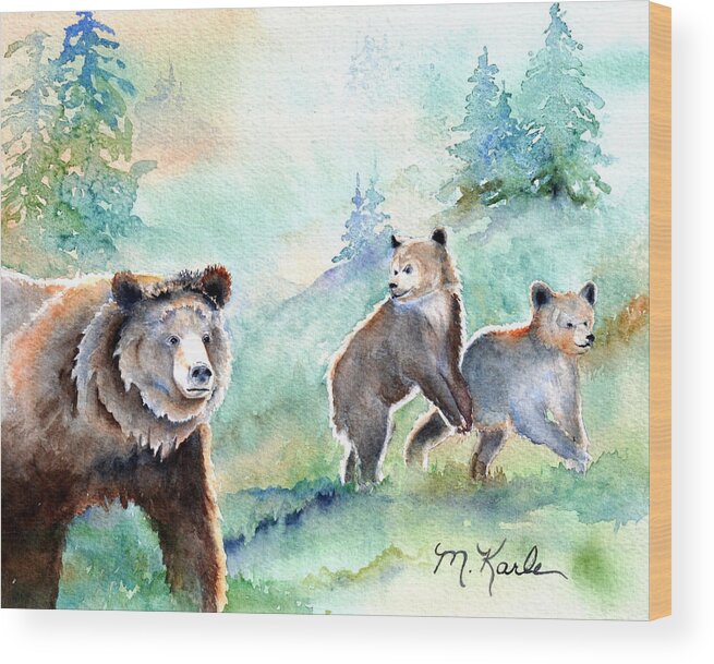 Bear Wood Print featuring the painting No Cub Left Behind - Grizzly Bears by Marsha Karle