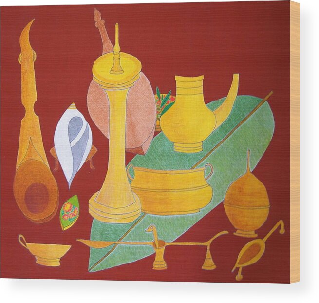 Utensils For Rituals; Still Life Wood Print featuring the painting No.332 by Vijayan Kannampilly