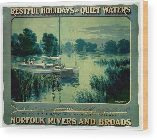 Norfolk Wood Print featuring the painting Norfolk Rivers and Broads - Vintage Illustrated Poster of a Boat in the waters by Studio Grafiikka