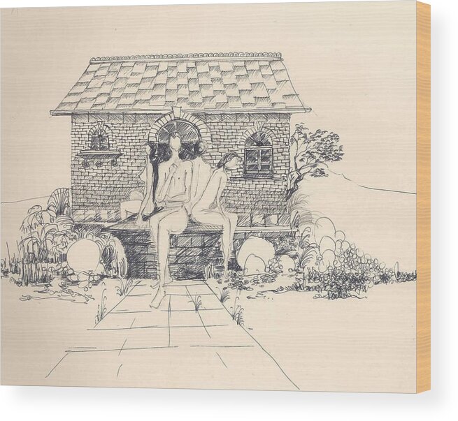 Nudes Wood Print featuring the drawing Nudes some rocks and a cottage by Padamvir Singh