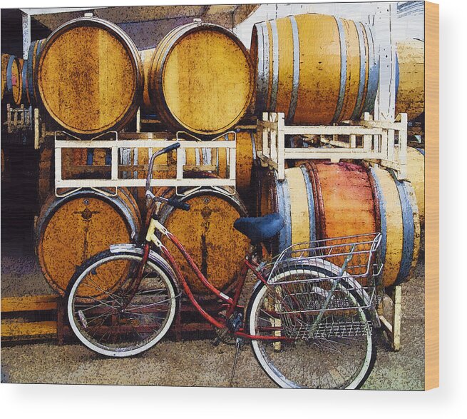 Oak Wine Barrels Wood Print featuring the photograph Oak Barrels and Bicycle by Margaret Hood