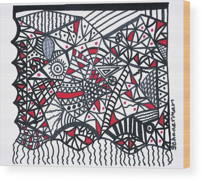 Original Drawing Wood Print featuring the drawing Objective Contrast with Red and Silver by Susan Schanerman