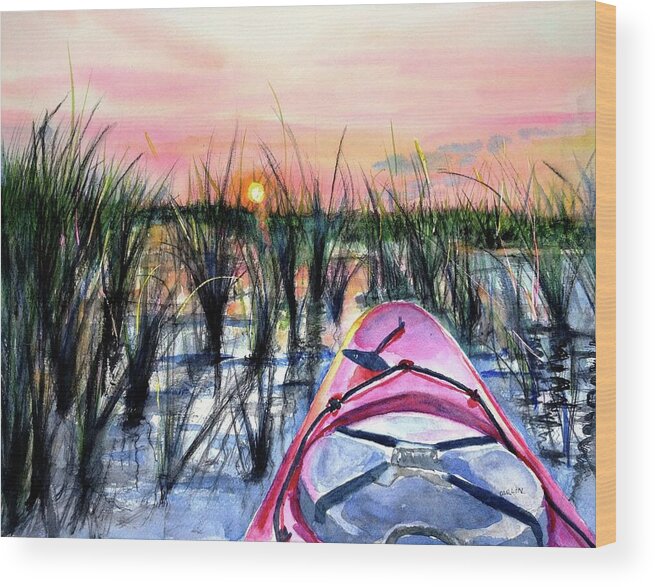 Kayak Wood Print featuring the painting Ocean Sunrise Kayak by Carlin Blahnik CarlinArtWatercolor