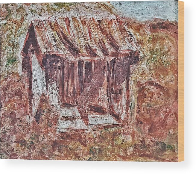 Old Barn Wood Print featuring the painting Old Barn outhouse falling apart in decay and dilapidation rotting wood overgrown mountain valley sce by MendyZ