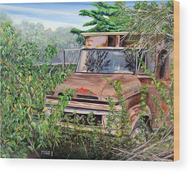 Old Truck Wood Print featuring the painting Old truck rusting by Marilyn McNish