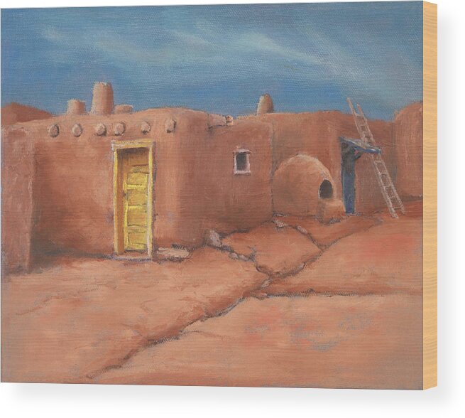 Taos Wood Print featuring the painting One Yellow Door by Jerry McElroy