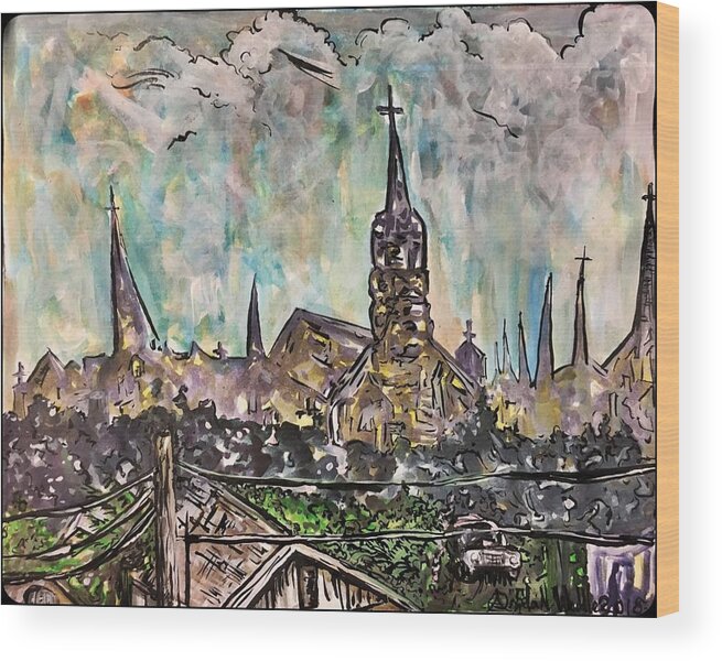 Cityscape Wood Print featuring the mixed media Our Lady of the Lake University in the Distance by Angela Weddle