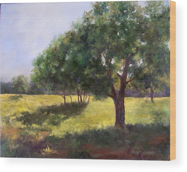 Landscape Wood Print featuring the painting Painting of Sunlit Meadow by Cheri Wollenberg