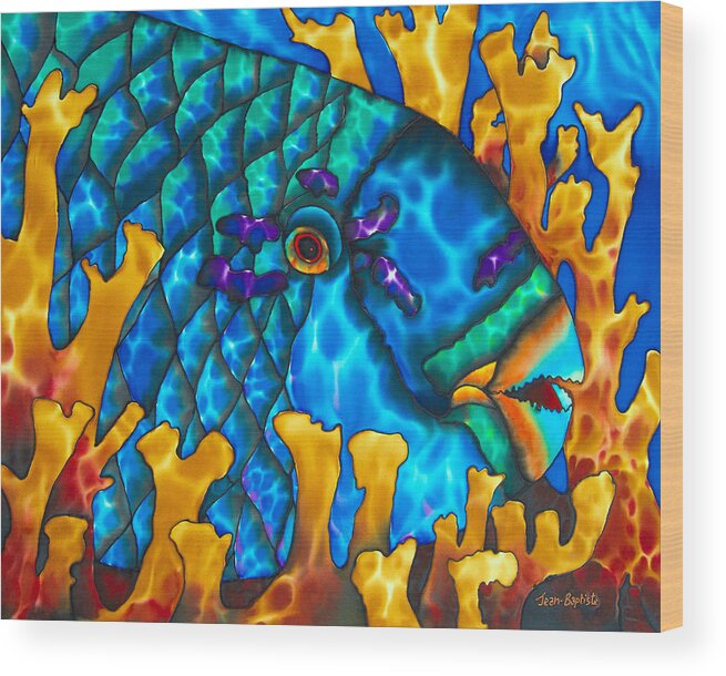 Diving Wood Print featuring the painting Parrotfish and Fire coral by Daniel Jean-Baptiste