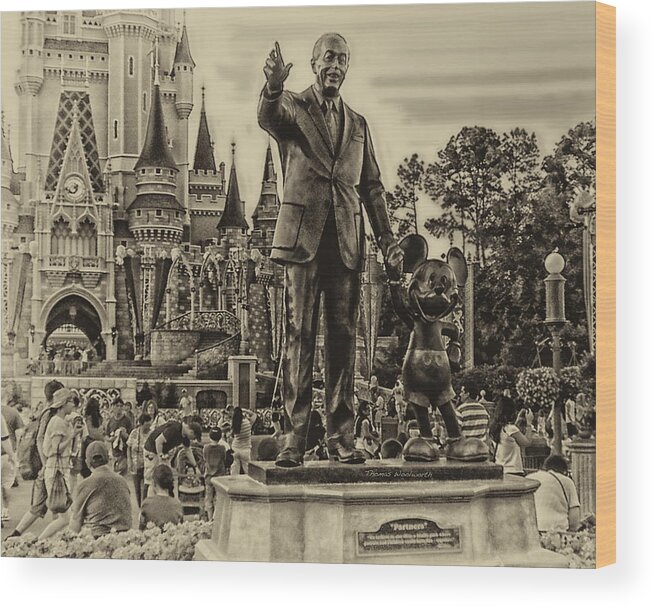 Antique Wood Print featuring the photograph Partners Statue Walt Disney And Mickey in Black and White MP by Thomas Woolworth