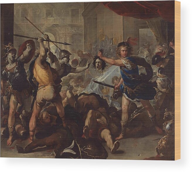 Luca Giordano Wood Print featuring the painting Perseus fights Phineas by Luca Giordano