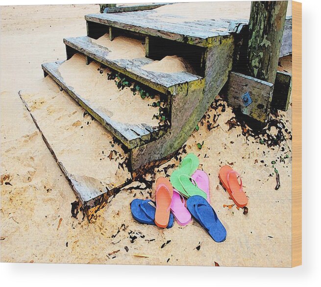 Alabama Pelican Wood Print featuring the digital art Pink and Blue Flip Flops by the Steps by Michael Thomas