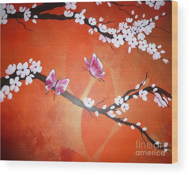 Pink Wood Print featuring the painting Pink Butterflies and Cherry Blossom by Julia Underwood