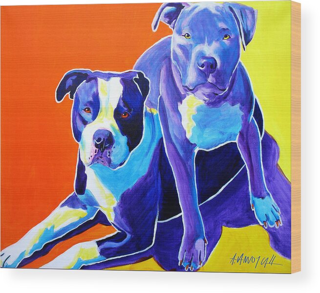 Pit Bull Wood Print featuring the painting Pit Bulls - Diamond and Deisel by Dawg Painter