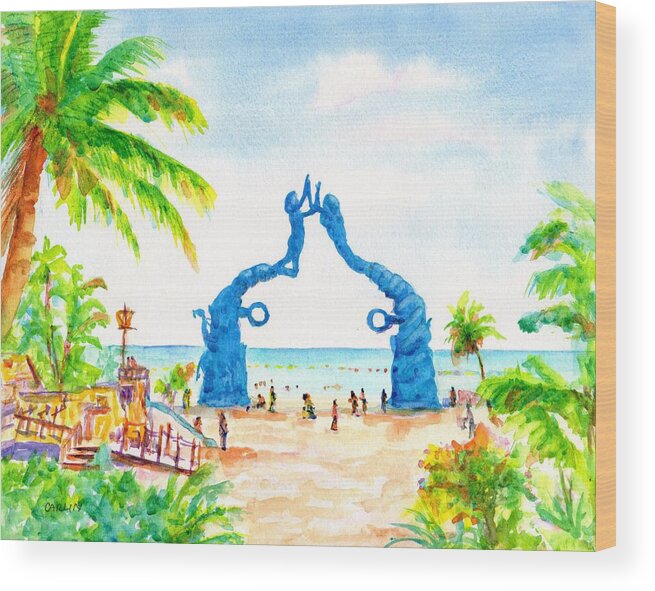 Playa Del Carmen Wood Print featuring the painting Playa del Carmen Portal Maya Statue by Carlin Blahnik CarlinArtWatercolor