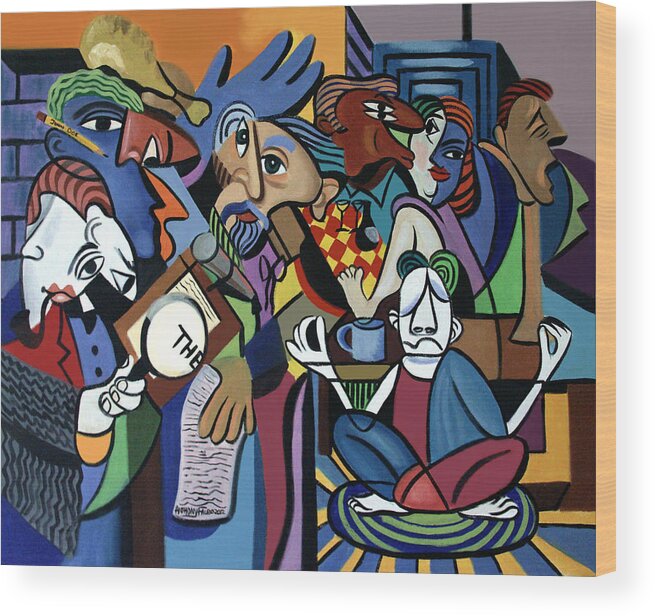 Poets Unleashed Men Talking Reading Yoga Coffee Chicken The Cubism Cubestraction Bench Impressionist Expressionism Large Giclee Canvas Print Poster Original Oil Painting On Canvas Anthony Falbo Falboart   Wood Print featuring the painting Poets Unleashed by Anthony Falbo