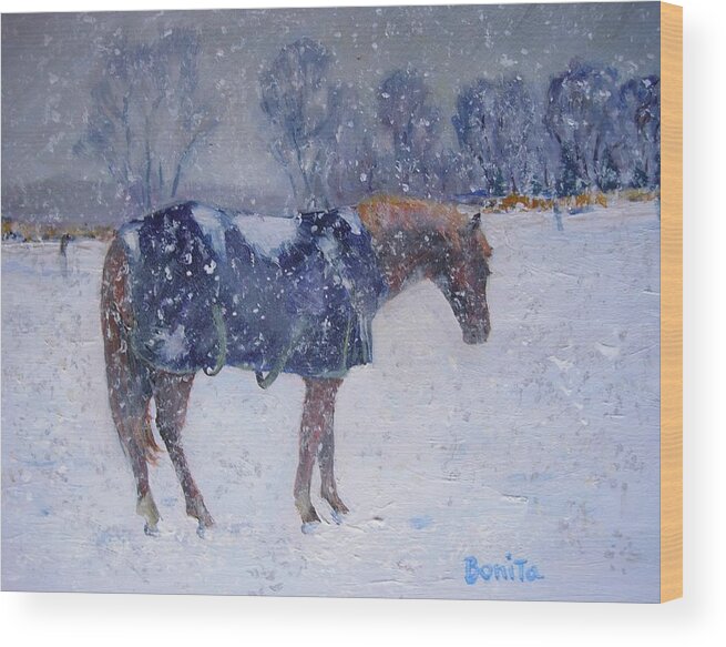 Pony Wood Print featuring the painting Pony in the Snow by Bonita Waitl