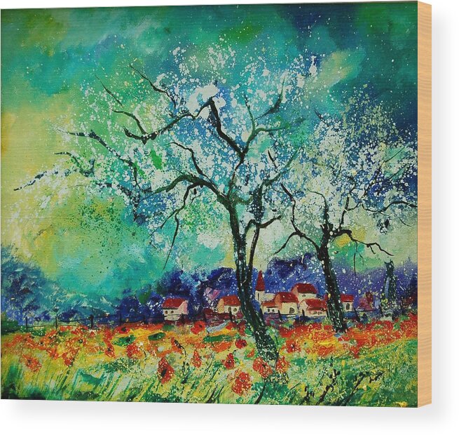 Landscape Wood Print featuring the painting Poppies and appletrees in blossom by Pol Ledent