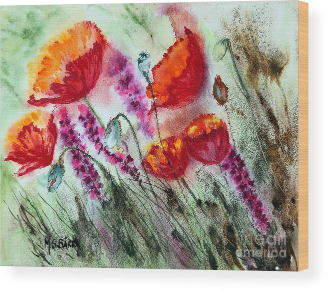 Floral Watercolor Wood Print featuring the painting Poppies in the Wind by Maria Barry