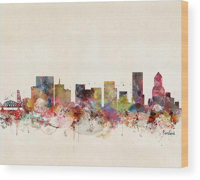 Portland Oregon Skyline Wood Print featuring the painting Portland Oregon Skyline by Bri Buckley