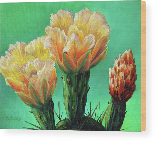 Flower Wood Print featuring the painting Prickly Pear Buds by Cheryl Fecht