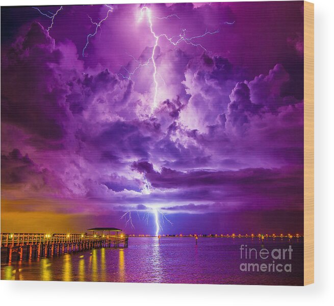 Psychedelic Wood Print featuring the photograph Psychedelic Lightning Seascape by Stephen Whalen