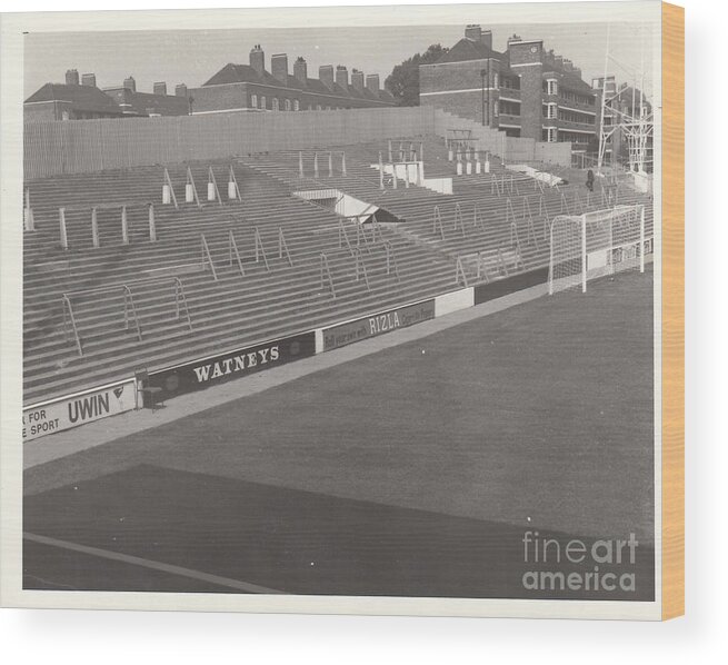  Wood Print featuring the photograph Queens Park Rangers - Loftus Road - School End 2 - September 1968 - BW by Legendary Football Grounds