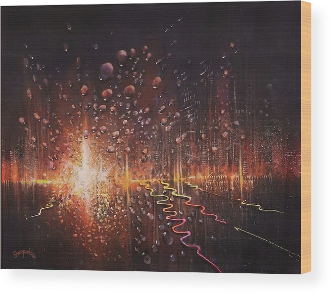 City At Night Wood Print featuring the painting Rain on the Windshield by Tom Shropshire