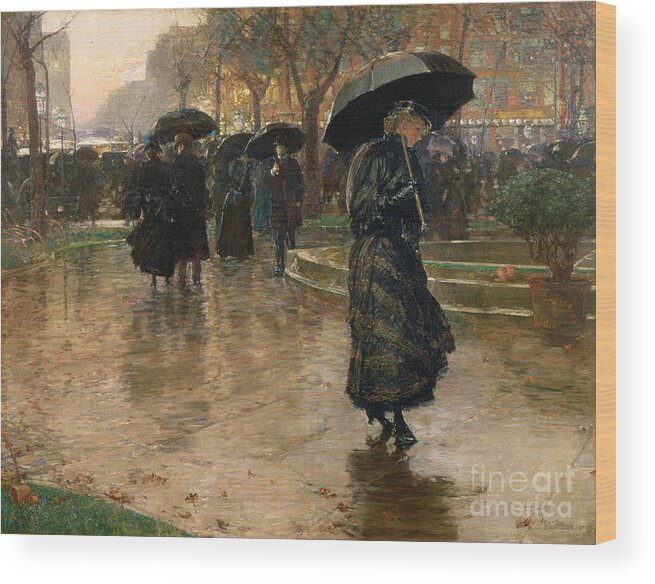 Rain Storm Wood Print featuring the painting Rain Storm Union Square by Childe Hassam