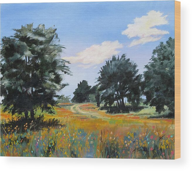 Texas Landscape Wood Print featuring the painting Ranch Road Near Bandera Texas by Adele Bower