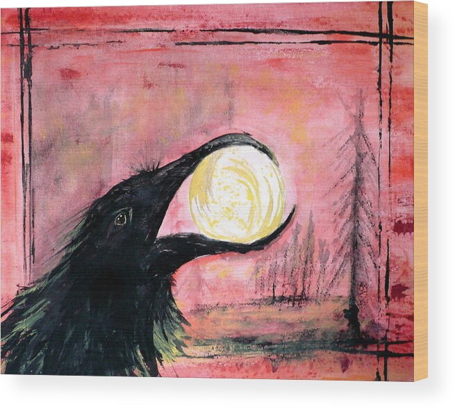 Raven Wood Print featuring the painting Raven Steals the Sun by 'REA' Gallery