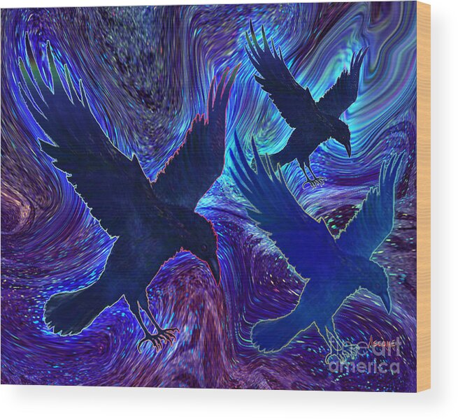 Ravens On Blue Wood Print featuring the painting Ravens on Blue by Teresa Ascone