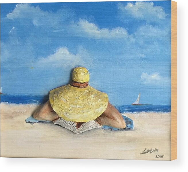 Beach Wood Print featuring the mixed media Reading On The Beach by Ryszard Ludynia