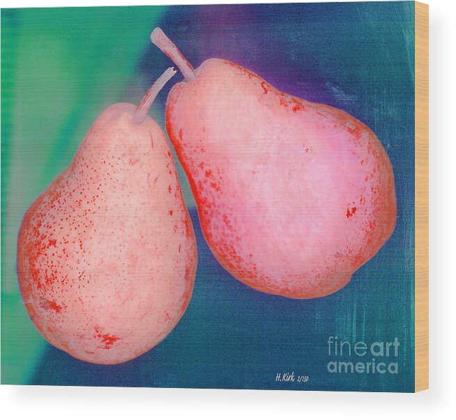Pear Pair Fruit Stem Flesh Skin Red Green Blue Wood Print featuring the photograph Red Pears on Blue Green by Heather Kirk