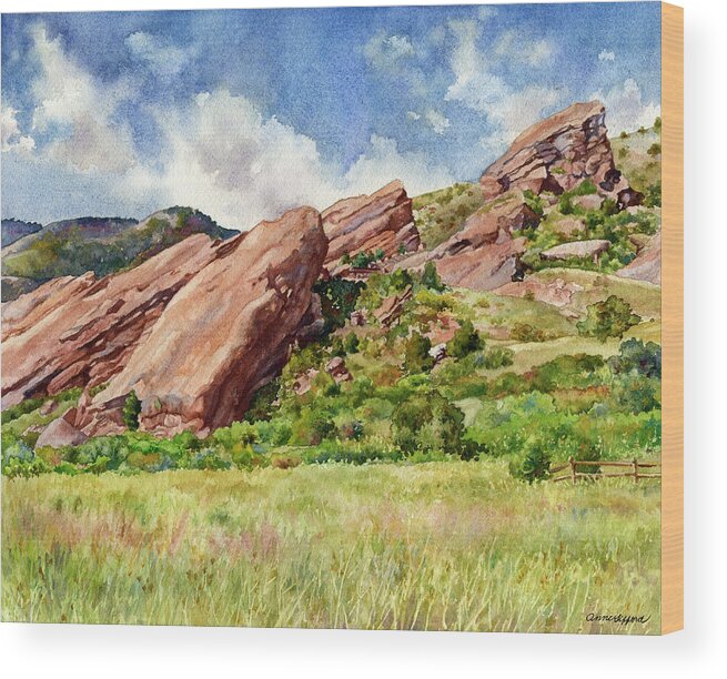 Red Rocks Amphitheatre Painting Wood Print featuring the painting Red Rocks Amphitheatre by Anne Gifford