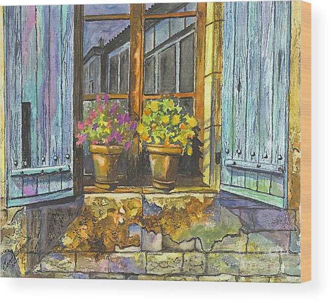 Geraniums Wood Print featuring the painting Reflections In A Window by Carol Wisniewski