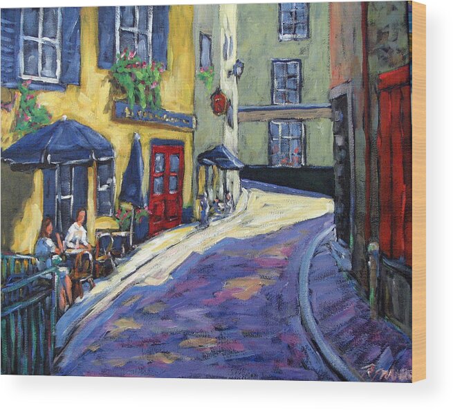 Restaurant Wood Print featuring the painting Resto Le Cochon Dingue in old Quebec by Richard T Pranke