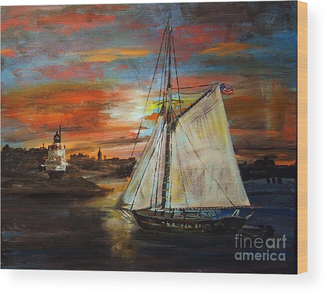 #gaffrigging #sailboatin Sunset #cascobay Wood Print featuring the painting Returning Home by Francois Lamothe