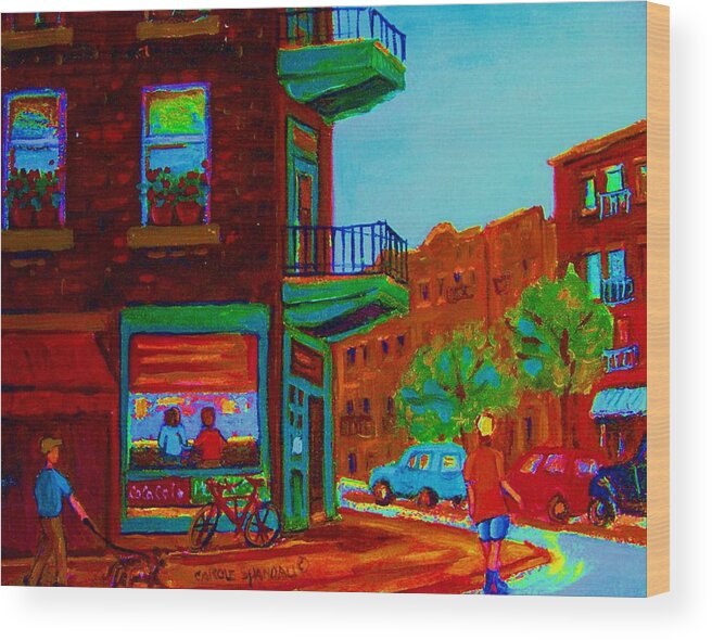 Montreal Wood Print featuring the painting Rollerblading Past The Cafe by Carole Spandau