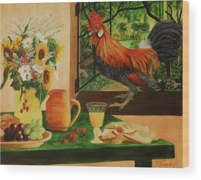Still Life Wood Print featuring the painting Rooster at my window by Bonnie Peacher