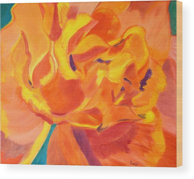 Orange Wood Print featuring the painting Heart of a Rose by Meryl Goudey