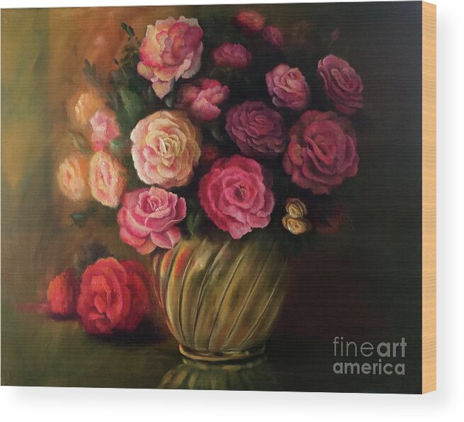 Still Life Wood Print featuring the painting Roses in Brass Bowl by Marlene Book