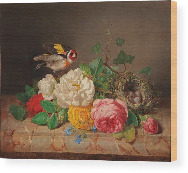 Josef Lauer Wood Print featuring the painting Roses with Goldfinch and Bird's Nest by Josef Lauer