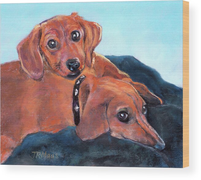 Dachshunds Wood Print featuring the painting Ruby and Rainbow by Julie Maas