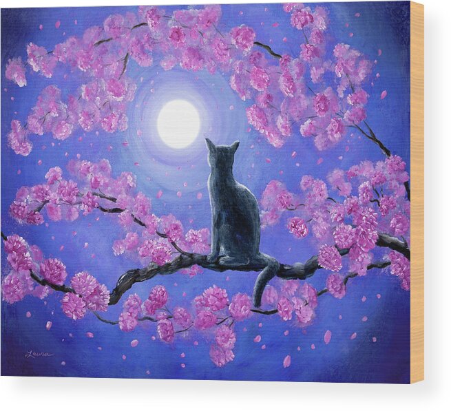 Kwanzan Wood Print featuring the painting Russian Blue Cat in Pink Flowers by Laura Iverson
