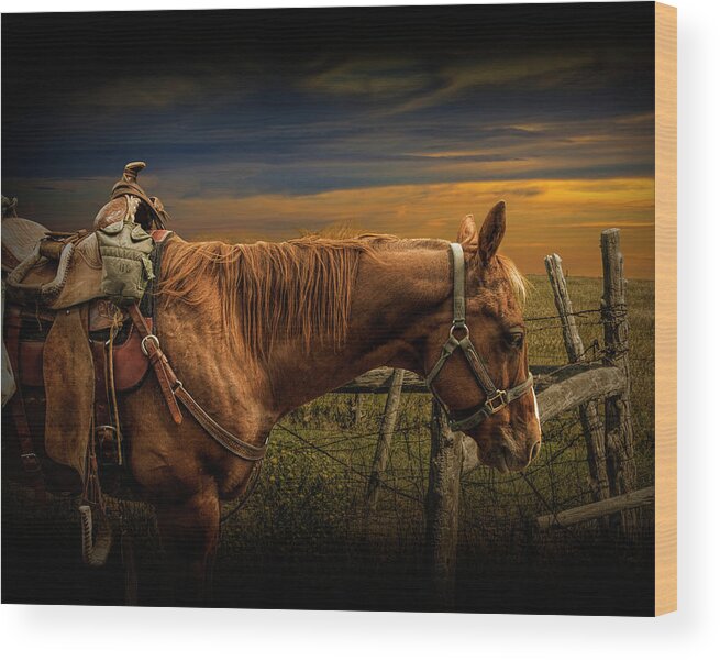 Saddle Wood Print featuring the photograph Saddle Horse on the Prairie by Randall Nyhof