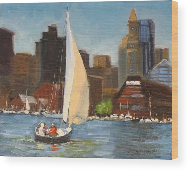 Oil Painting Wood Print featuring the painting Sailing Boston Harbor by Laura Lee Zanghetti